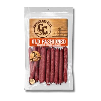 Cattleman's Cut Old Fashioned Smoke Sausage Meat Sticks, Premium Protein Snacks, Keto Friendly, Gluten Free, Carnivore Travel Snack, Resealable Bag, 12 Ounce
