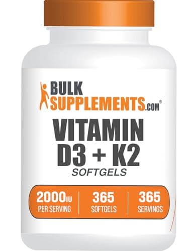 BulkSupplements.com Vitamin D3 + Vitamin K2 Softgels - D3, K2, Vitamin Supplement - Gluten Free, 1 Softgel per Serving (2000IU), 365 Count (Pack of 1)