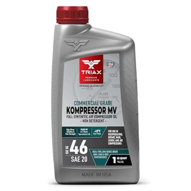 TRIAX Kompressor ISO 46 SAE 20, Full Synthetic, Multi-Vis Air Compressor Oil | for Rotary, Vane, Screw, and Reciprocal | Commercial Grade | High Temp | Non-Detergent (1 Quart)