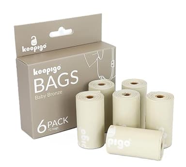 Keepigo, Compostable Disposable Diaper Bags Refills | 6 Rolls, 72 Leak-Proof, XL Biodegradable Baby Poop Bags | Eco-Friendly Diaper Trash Bags for Home, Travel, Pet Waste | Odor-Free, (Beige)