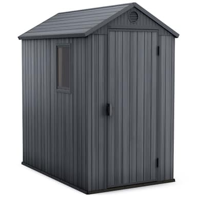 Keter Darwin 4x6 Feet Outdoor Storage Shed, Graphite Gray – Lockable Resin Organizer Unit with Single Door, Window, and Skylight for Backyard, Garden, or Lawn Organization