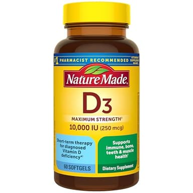 Nature Made Vitamin D3 10000 IU (250 mcg) Maximum Strength, Vitamin D Supplement for Bone and Immune Health Support, 60 Softgels, 60 Day Supply