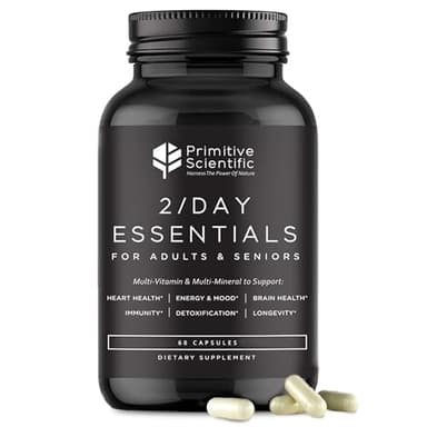 Primitive Scientific Whole Food Daily Essential Multivitamins for Adults and Seniors - 2X a Day - Vitamin A, C, D, E, B12 and Minerals - Natural and Holistic Support (60 Capsules)