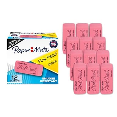 Paper Mate Erasers, Pink Pearl, 12 Count - Latex Free and Smudge Resistant, Back to School, Teacher Supplies