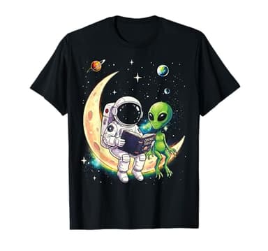 Astronaut Reading Book to Alien Moon Space Astronomy Galaxy T-Shirt