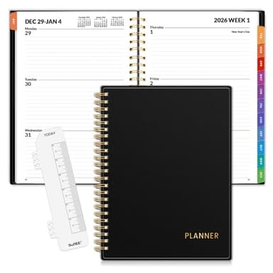 SUNEE 2026 Weekly and Monthly Planner - from January 2026 - December 2026, Daily Agenda Planner with Monthly Tab, Flexible Cover, Note Pages, Pockets, Bookmark, Spiral Binding, Black, 6.4" x 8.3"