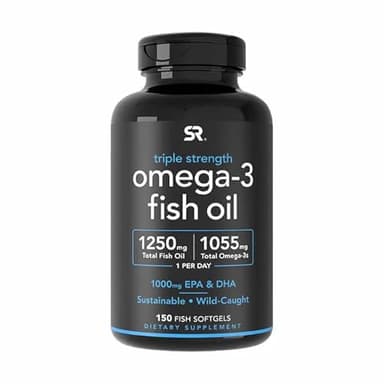 Sports Research Triple Strength Omega 3 Fish Oil - Burpless Fish Oil Supplement w/EPA & DHA Fatty Acids from Wild Caught Fish - Heart, Brain & Immune Support for Men & Women - 1250 mg, 150 ct