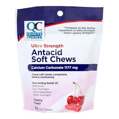 Quality Choice Antacid Ultra Strength Soft Chews Cherry Flavor 32 Count 1177mg Calcium Carbonate per Chew. Fast-Acting Relief for Heartburn, Sour Stomach, Acid Indigestion.