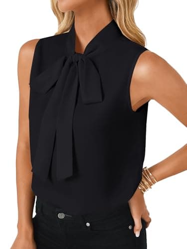 LYANER Women's Bow Tie Mock Neck Blouse Sleeveless Business Casual Tank Shirt Dressy Work Tops Pure Black Medium