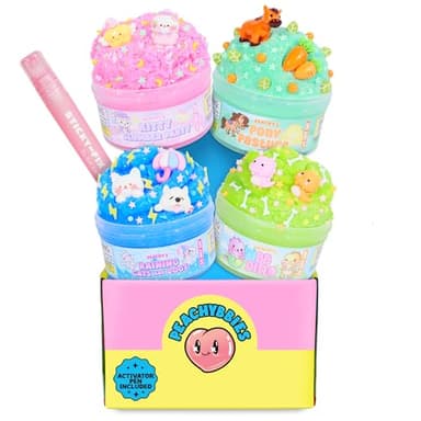 Peachybbies Slime Peachy’s Pets 4-Pack Mini-Bundle, BB Dino, Kitty Slumber Party, Pony Pasture, Raining Cats and Dogs, Includes Slime Activator, Sensory Toys for Kids, Made in USA