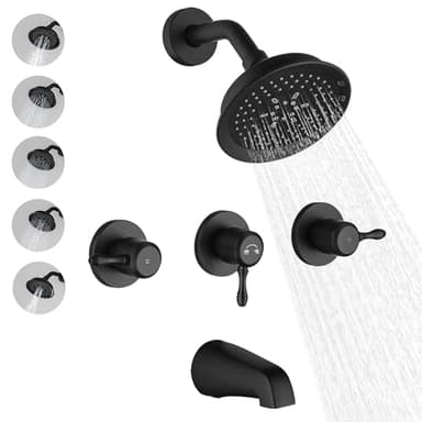 LUOGULIANG 3 Handle Tub Shower Faucet Set, Bathtub Shower Trim Kit with Tub Spout, Shower System Complete 3 knobs, Matte Black