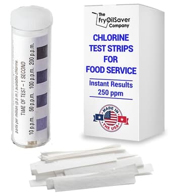 Chlorine Test Strips for Restaurants and Food Services, 1 x Vial of 100 Sanitizer Test Strips for Kitchens, 0-200 ppm Testing Kit for Sanitizing Solution, Precise Bleach Testing Kit by FryOilSaver Co.