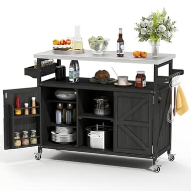 Zevemomo Outdoor Grill Cart, Stainless Steel Tabletop Outdoor Kitchen Island, Solid Wood Outdoor Buffet Cabinet with Lockable Wheels for Grilling, Black