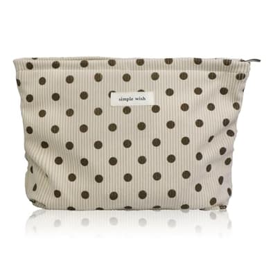 Wudygirl Makeup Bag Makeup Pouch for Women Corduroy Cosmetic Bag Portable Travel Toiletry Bag Large Capacity Make up Organizer with Zipper（Beige Polka Dot）
