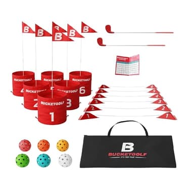 bucketgolf Game 6 Hole Bundle with Clubs - The Best Backyard Golf Game for All Ages and Levels Adults, Kids, Families, Schools, Yards, Parks, Beaches, Vacation. (2 Clubs (2 RH))