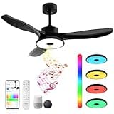 Smart Wifi Flush Mount Ceiling Fan With Lights,Bluetooth Ceiling Fan with Speaker and Remote/APP/Alexa Control,Dimmable RGB Light,Low Profile 6 Speeds Reversible Blades for Bedroom Kitchen Living room