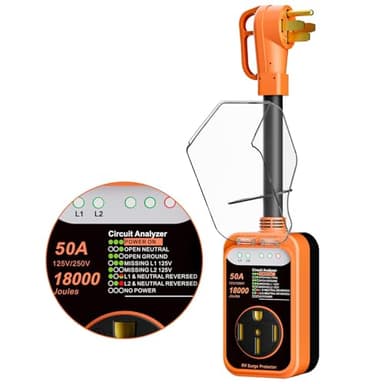RV Surge Protector 50 Amp,18000 Joules RV Circuit Analyzer with Voltage Monitoring,2026 New Upgraded RV Surge Voltage Protection,Waterproof Cover,RV Adapter Plug for Travel Trailers (Orange, 50A)
