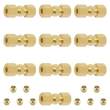 Taiidaues Brass Compression Tube Fitting, 10 PCS 3/16" OD x 3/16" OD Compression Union Connectors & 10 PCS Compression Sleeves Ferrules