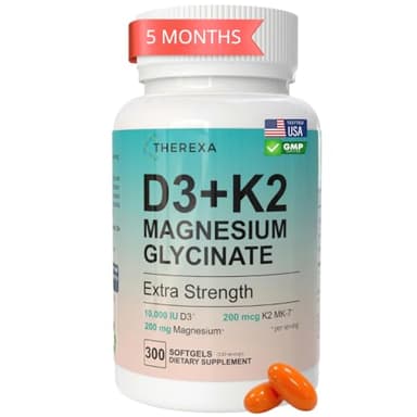 THEREXA Vitamin D3 K2 Magnesium Supplement - Extra Strength with 10000 IU Vitamin D3, Magnesium Glycinate and 200 mcg K2 MK-7 Vitamin Supplements Complex, for Women & Men - 300 Softgels