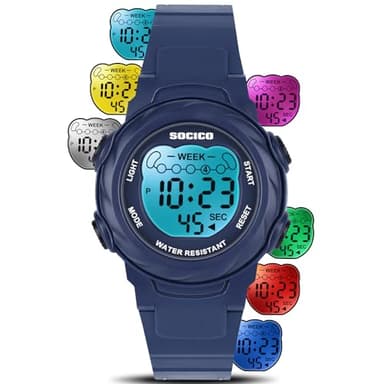 SOCICO Kids Digital Watches for Girls Boys, 7 Color Lights Waterproof Sport Outdoor Wristwatch with Stopwatch, Alarm, Date, Great Gift for Child Ages 5-12 (Blue)