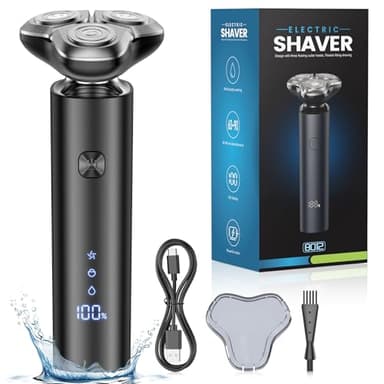 Electric Razor for Men Cordless, Wet/Dry Rotary Shaver Waterproof, 3-Blade Rotary Shaving System, Type-C Fast Charging & Sensitive Skin Care, LED Display, Travel Lock, 90+ Minutes Run Time Black