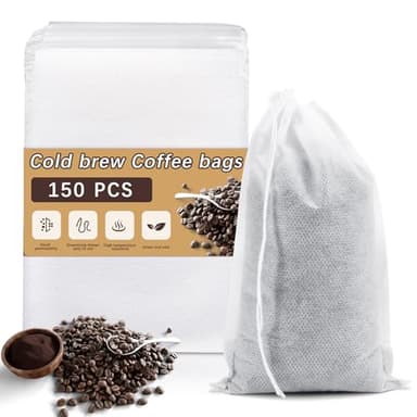 150 Pcs Cold Brew Bags 4x6 inch, No Mess Disposable Cold Brew Coffee Filter Pouches with Drawstring Large Empty Tea Bag for Loose Leaf Tea, Iced Coffee, Herbs, Spice, Home brewing, Hot pot