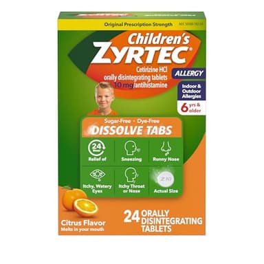 Zyrtec Children's 24 Hour Dissolving Allergy Relief Tablets with 10 mg Cetirizine Hydrochloride Antihistamine, Dissolvable Allergy Medicine for Kids Ages 6 Years+, Citrus Flavor, 24 ct
