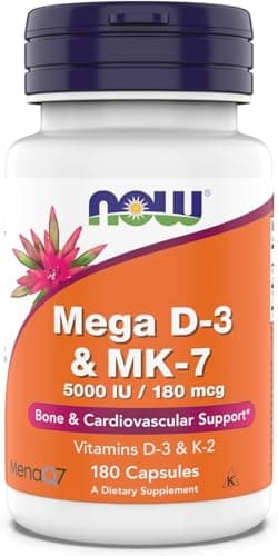 Now Supplements, Mega D-3 & MK-7, 5000 IU / 180 mcg, Bone & Cardiovascular Support*, Vitamins K-3 & K-2, 180 Capsules