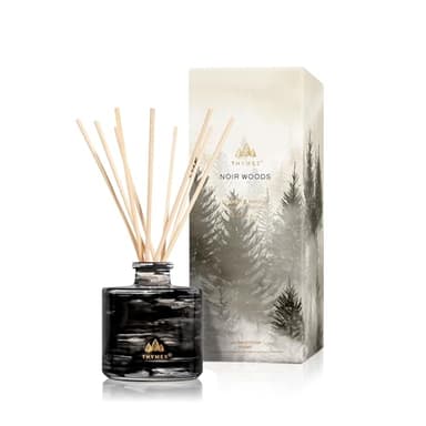 Thymes Petite Oil Reed Diffuser Set – Includes Reeds, Fragrance Oil & Glass Bottle – Luxury Scent Diffusers for Home Decor –Fresh Evergreen, Smoky Wood & Golden Amber (Noir Woods, 4 fl oz)