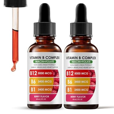Nichalous Vitamin B12 Complex with B1, B6, Vitamin B12 Raspberry Liquid Supplement, Essential Vitamin 5-in-1 Vitamin B Complex Liquid Drops, Brain Function, Focus, and Natural Energy Support (2PCS)