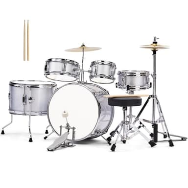 Ktaxon 5-Piece Complete Junior Drums Set, 14 Inch Beginners Drum Kit with Throne Stool, Pedal & Drumsticks, Drums Musical Instruments W/Cymbal, Hi-Hat, Floor, Tom and Snare Drum (Silver)
