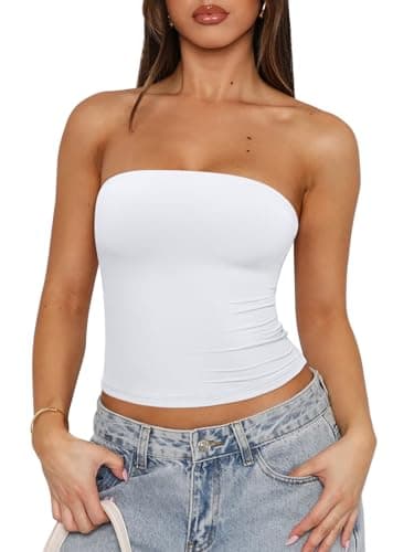 REORIA Women's Strapless Tube Top Double Lined Cute Y2K Backless Bandeau Crop Tnak Tops for Sexy Going Out Outfits Trendy Summer Clothes 2026 White Medium