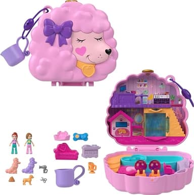Polly Pocket Compact Playset, Groom & Glam Poodle Set with 2 Micro Dolls, Color Change & Water Play
