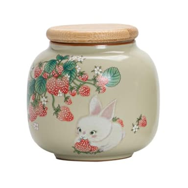 Fire Kirin 9oz Small Ceramic Tea Canister with Airtight Lid - Adorable Animal Design Storage Jar for Loose Leaf Tea, Coffee, Sugar, Cookies - Decorative Kitchen & Pantry Organizer (Bunny-A)