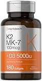 Horbäach Vitamin D3 K2 5000 iu | 100mcg MK-7 Complex | 180 Softgel Capsules | Non-GMO & Gluten Free Supplement