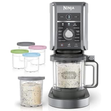 Ninja NC501 CREAMi Deluxe 11-in-1 XL Ice Cream Maker Silver (Renewed) Bundle with Deco Essentials 6 Pack of Pints and Lids for Ninja Creami