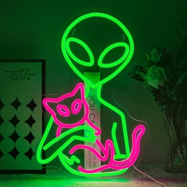 Virlusy Alien Neon Sign for Wall Decor Dimmable Aliens Cat Led Lights Signs for Bedroom Green Neon Light for Game Room Man Cave Bedroom Party Decoration Gift for Kids Boys