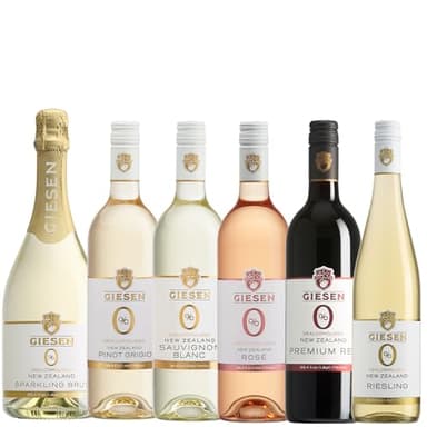 Giesen Non-Alcoholic Wine 6-Pack: Sparkling Brut, Pinot Grigio, Riesling, Sauvignon Blanc, Premium Red, and Rosé - Exceptional Dealcoholized Wine Collection