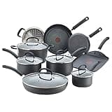 T-fal Ultimate Hard Anodized Nonstick Cookware Set 14 Piece, Oven Broiler Safe 400F, Lid Safe 350F, Kitchen Cooking Set w/Fry Pans, Saucepans, Griddle, Dutch Oven, Pots & Pans, Dishwasher Safe, Black