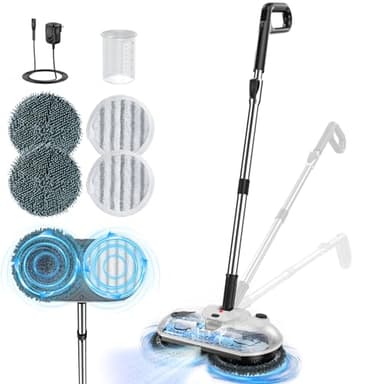 ScrubWiz Cordless Electric Mop, Electric Spin Mop with Water Spray, Powerful Floor Cleaner, Super Quiet Cleaning & Waxing, Mid White