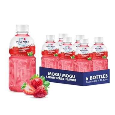 Mogu Mogu Strawberry Juice Drink with Nata de Coco (Coconut Jelly) – Chewy Fruit Beverage for Kids & Adults, 6 Pack Bottles, 10.82 fl oz Each