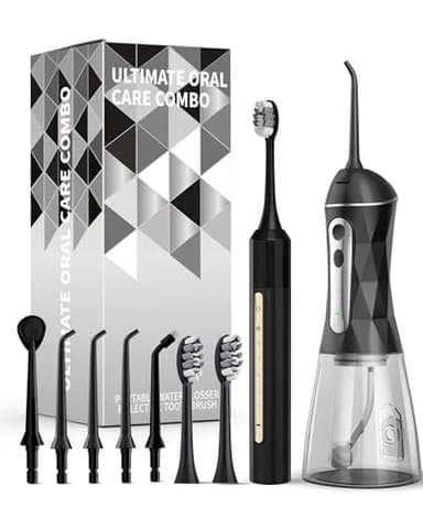 Lumivoid Water Flosser and Electric Toothbrush Combo,2-1 Oral Clean Kit, 5-Speed Sonic Electric Toothbrush & 4-Speed Portable Water Flosser to Clean Teeth and Protect Gum Health, IPX7 (Black-Set)