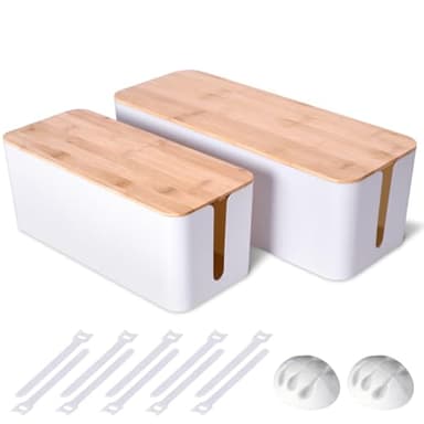 2 Pack Large Cable Management Box – Wooden Style Cord Organizer and Cover for TV Wires, Computer, Router, USB Hub and Under Desk Power Strip – Safe ABS Material and Baby-Pets Proof Lock (White)