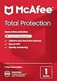 McAfee Total Protection 1-Device 2025 | Security Software Includes Antivirus, Secure VPN, Password Manager, Identity Monitoring | Key Card