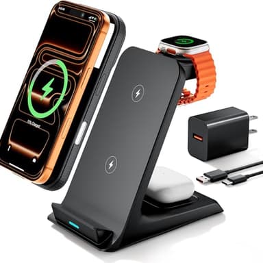 Eazpower Wireless Charger for Thick Cases of 10MM/Otterbox/Heavy Duty, 3 in 1 Charging Dock for iPhone 17 16 15 14 Pro Max, Phone Stand Charging Station for Multiple Devices for Apple Watch/AirPods