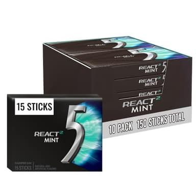 5 GUM React Mint Sugar Free Chewing Gum Bulk Pack (10 packs x 15 sticks) Intense, Long-Lasting Flavor