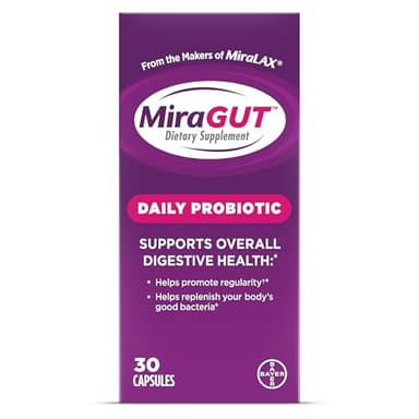 MiraGUT Daily Probiotic, from the Makers of MiraLAX, Probiotics for Digestive Health, Gluten-Free Supplement, Probiotic for Women and Men, Support Overall Digestive Health, 30 Ct