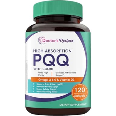Doctor's Recipes PQQ Supplement 40 mg with CoQ10, Omega 3-6-9 Essential Fatty Acids, Highly Purified and Bioavailable, Brain Energy Heart Health, Pyrroloquinoline Quinone Disodium Salt, 120 Softgels