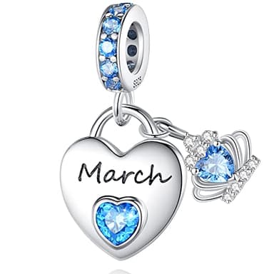 Birthstone Charms for Charms Bracelet：925 Sterling Silver Heart Dangle Charms for Pandora Bracelets and Necklaces, Birthday Mother's Day Christmas Jewelry Gifts For Women (March)