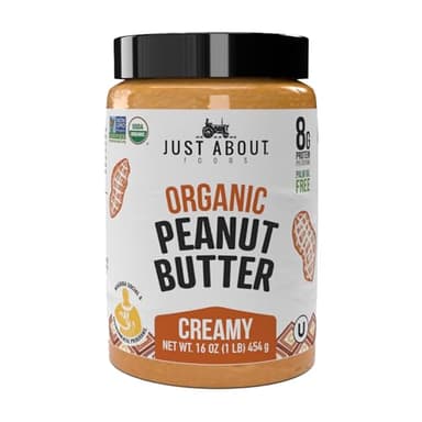 Just About Foods Organic & Keto Peanut Butter Creamy 1 lb Gluten-Free, No Sugar Added, No Palm Oil, Unsweetened Peanut Spread, USDA Organic & Non-GMO